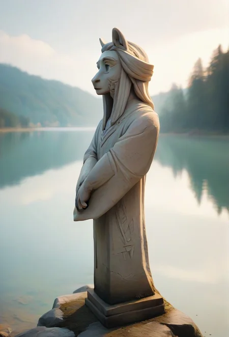 (1girl, solo,, hattiezazu, digital art, soft light, TenMic10, :1.3), The Veiled Virgin Statue by Faulkner Iain covered in tempted cellophane centered in a lake, colourful, score_9, score_8_up, score_7_up, masterpiece, best quality, very aesthetic