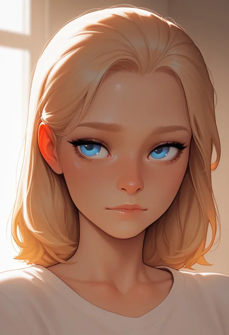 HDR, 8K, masterpiece, best quality, amazing quality, very aesthetic, realistic, newest, volumetric lighting, (flat colors:1), incoth, (incase:0.6),
Close up portrait,
1girl, spellthieflux, blonde hair, blue eyes, white shirt,