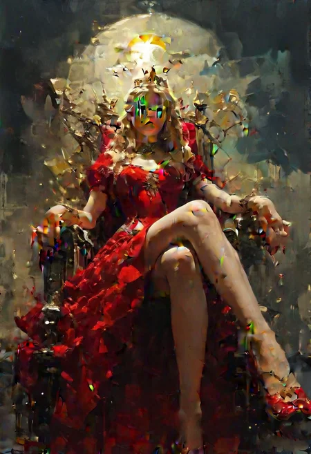 (score_9, score_8_up:1.1), score_7_up, 1girl, petite, blonde hair, long hair, sitting on a golden throne, red royal dress, red royal miniskirt, thighs, crossed legs, from below, air of superiority, throne room, golden tiara, nail polish, red fingernails <lora:sdxl\vixon_pony_oil:0.7> <lora:sdxl\Concept Art Eclipse Style LoRA_Pony XL v6:0.5>