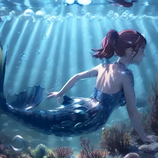 (illustration:1.8),(best quality),(masterpiece:1.5),masterpiece,bottle with stopperwater in bottle,grass background,nature,((very wide shot)),(((Underwater))),Deep focus,Watermaker(bubbles:1.5),turtles,corals,Floating clothes,bere, a mermaid statue with a fish tail and a fish tail<lora:bere-10:0.7>