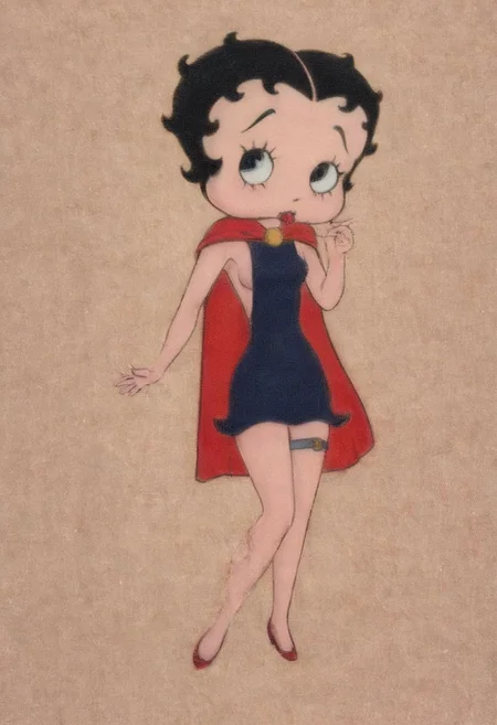 BettyBoob, flat color, black hair, wearing spcc costume with cape