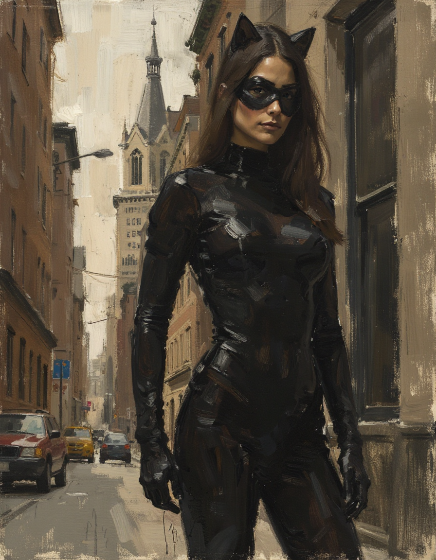 sketch painting portrait of Catwoman outside in the late afternoon in Gotham city