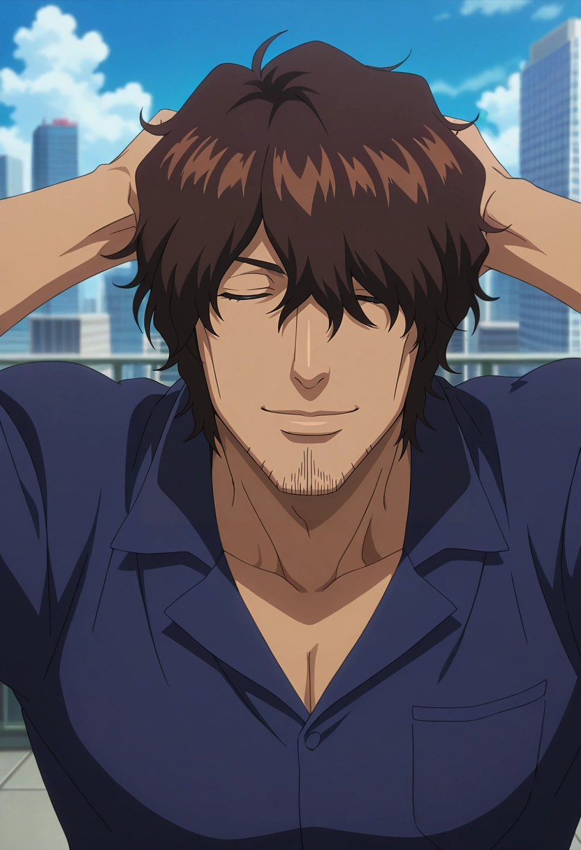 masterpiece, best quality, intricate details, anime screencap, anime coloring, official style, , depth of field, 1boy, solo, male focus, <lora:yasutora_sado_ilxl:0.94>, yasutora_sado, brown hair, brown eyes, short hair, , facial hair, stubble, hair over one eye, straight-on, rooftop, tokyo \(city\), building, skyscraper, day, clouds, arms up, (closed eyes:1.2), smile,