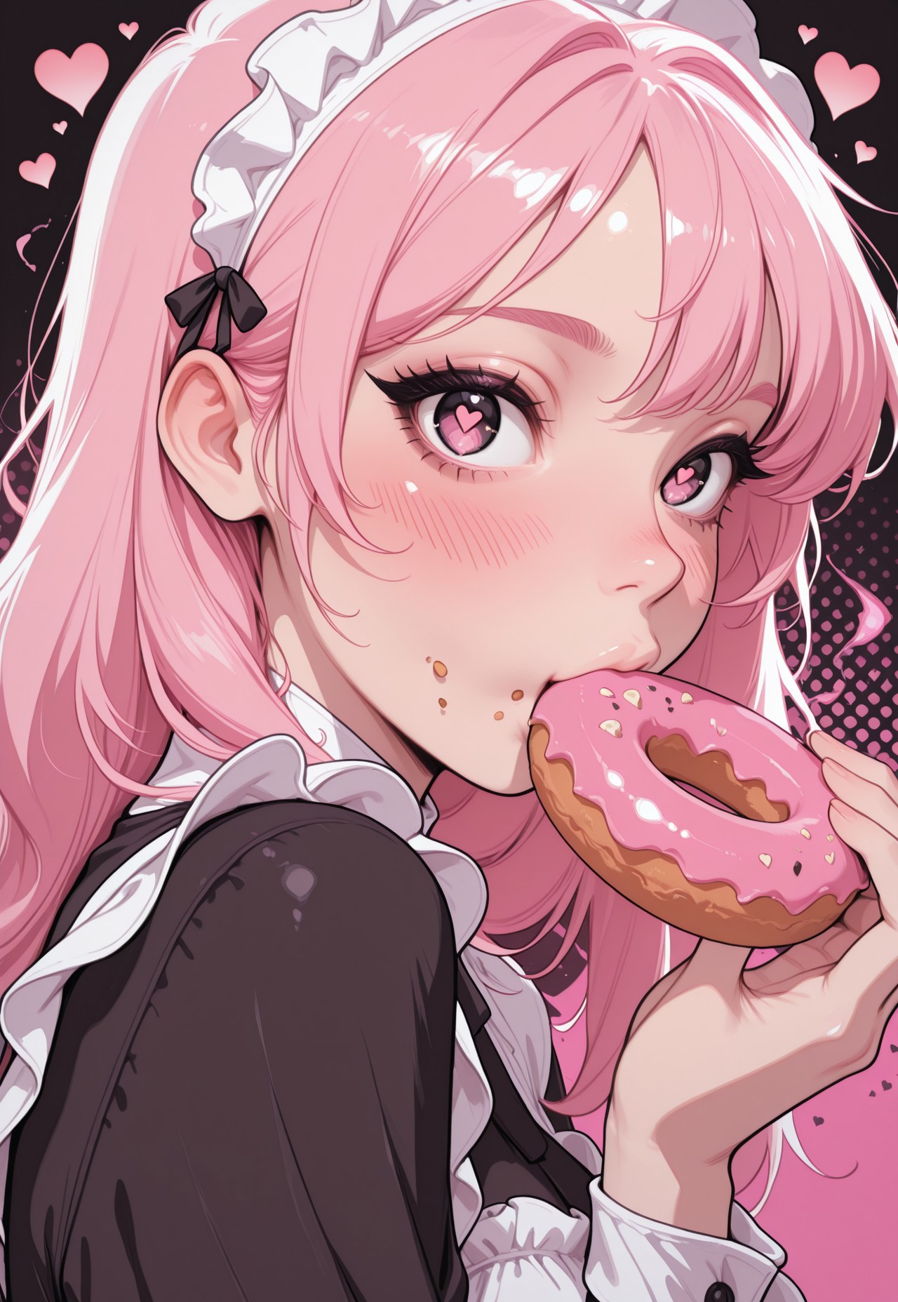 masterpiece, high_quality, highres, flat_colors, gradient, 
long_lashes, blush, looking_at_viewer, dynamic_angle, cinematic, side_view, hearts, halftone_background, pink_background, black_background, ethereal_aura, eating_donut, uwu, big_eyes, crumbs