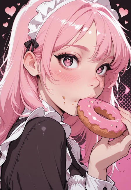 masterpiece, high_quality, highres, flat_colors, gradient,
long_lashes, blush, looking_at_viewer, dynamic_angle, cinematic, side_view, hearts, halftone_background, pink_background, black_background, ethereal_aura, eating_donut, uwu, big_eyes, crumbs