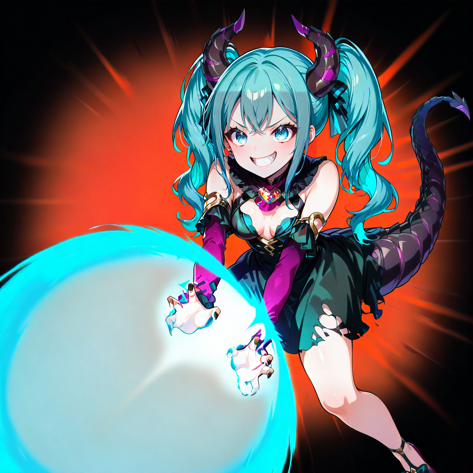HDA_MasterpieceXL_v1.2,  <lora:Hatsune_Miku_-_Villian:1> Mikuvillian, 1girl, aqua_eyes, aqua_hair, arm_support, bare_shoulders, black_dress, black_nails, breasts, breasts_apart, brooch, cleavage_cutout, clothing_cutout, dragon_horns, dragon_tail, dress, full_body, grin, heart_brooch, horns, jewelry, long_hair, nail_polish, purple_footwear, sharp_teeth, sleeveless_dress, torn_dress, twintails, detached sleeves,  <lora:krame:1> Kamehameha-Trow, SHARP laser beam, energy beam out of hands moving forward, outstrecthed arms, claw gesture