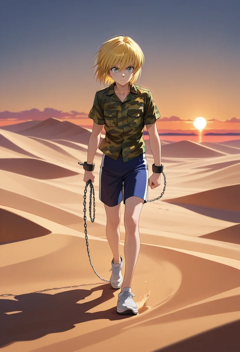 masterpiece, best quality, intricate details, , , , 1boy, solo, male focus, <lora:kurapika_hxh_ilxl:0.96>, kurapika_hxh, blonde hair, grey eyes, short hair, bangs, hair between eyes, chain, desert, sand dune, sunset, oasis, wind, shadow, horizon, standing on dune, shielding eyes, determined look, Running shorts, Camouflage shirt, Driving shoes, , Nose Clip (for swimming) and