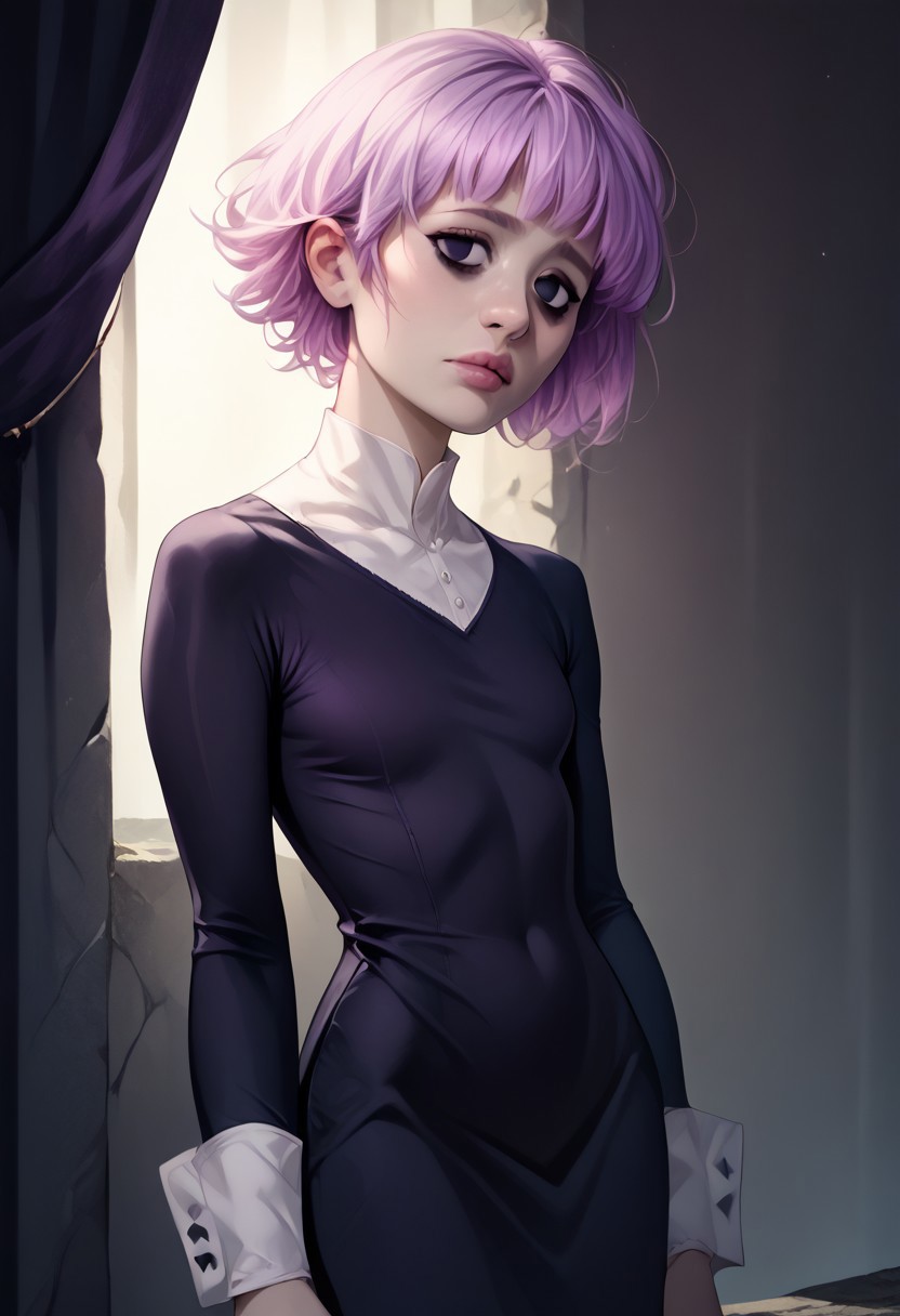 score_9, score_8_up, score_7_up, score_6_up, score_5_up, score_4_up, zPDXL3, 1girl, dgns, cronaSDXL,short hair,long sleeves,dress,pink hair,purple hair,black eyes,black dress,black nails,long dress,bags under eyes, slender, (ultra realistic, 32k, masterpiece:1.2), (high detailed skin:1.1), (high quality:1.1)