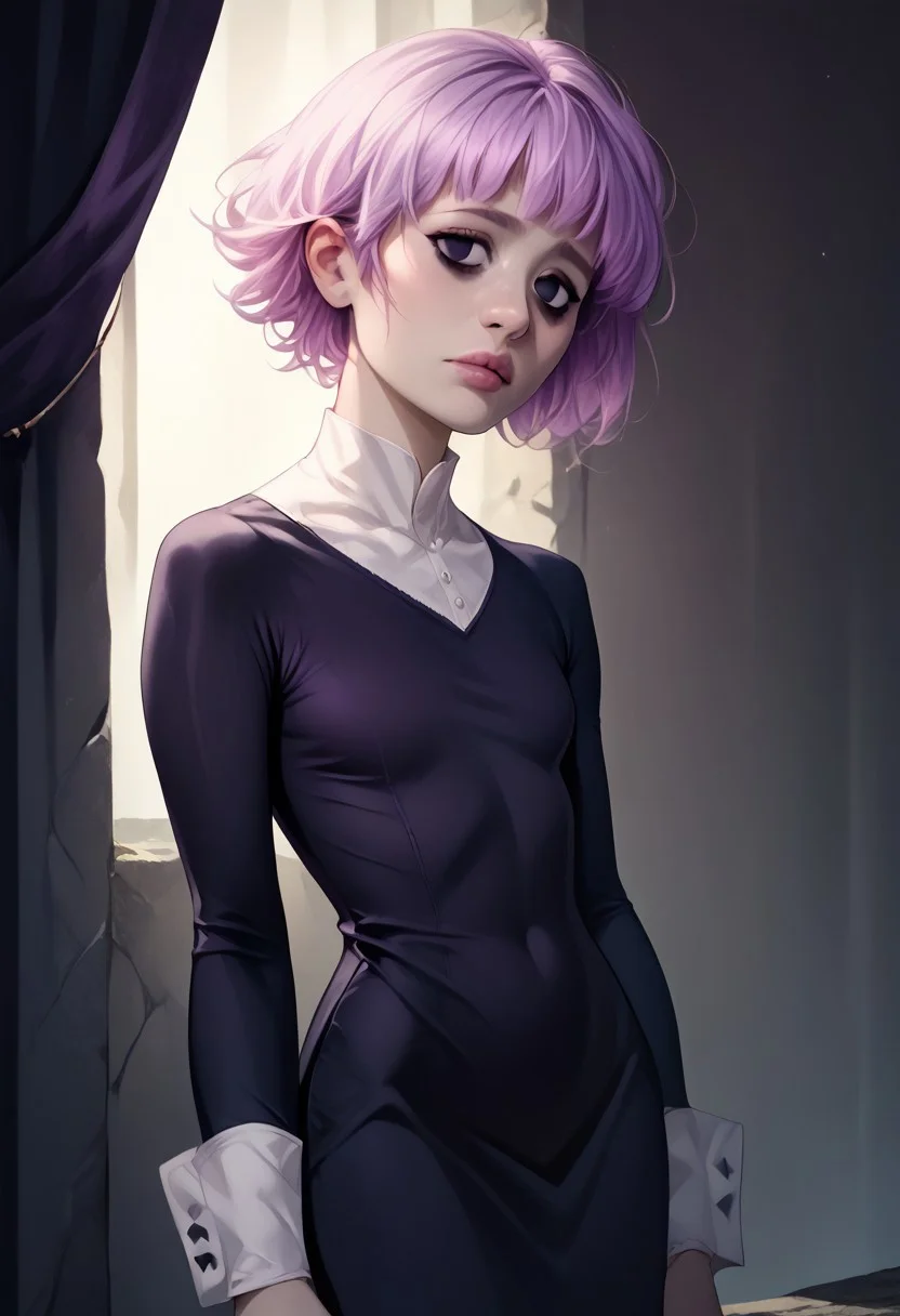 score_9, score_8_up, score_7_up, score_6_up, score_5_up, score_4_up, zPDXL3, 1girl, dgns, cronaSDXL,short hair,long sleeves,dress,pink hair,purple hair,black eyes,black dress,black nails,long dress,bags under eyes, slender, (ultra realistic, 32k, masterpiece:1.2), (high detailed skin:1.1), (high quality:1.1)