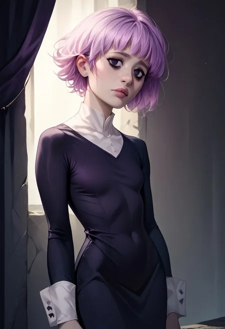 score_9, score_8_up, score_7_up, score_6_up, score_5_up, score_4_up, zPDXL3, 1girl, dgns, cronaSDXL,short hair,long sleeves,dress,pink hair,purple hair,black eyes,black dress,black nails,long dress,bags under eyes, slender, (ultra realistic, 32k, masterpiece:1.2), (high detailed skin:1.1), (high quality:1.1)