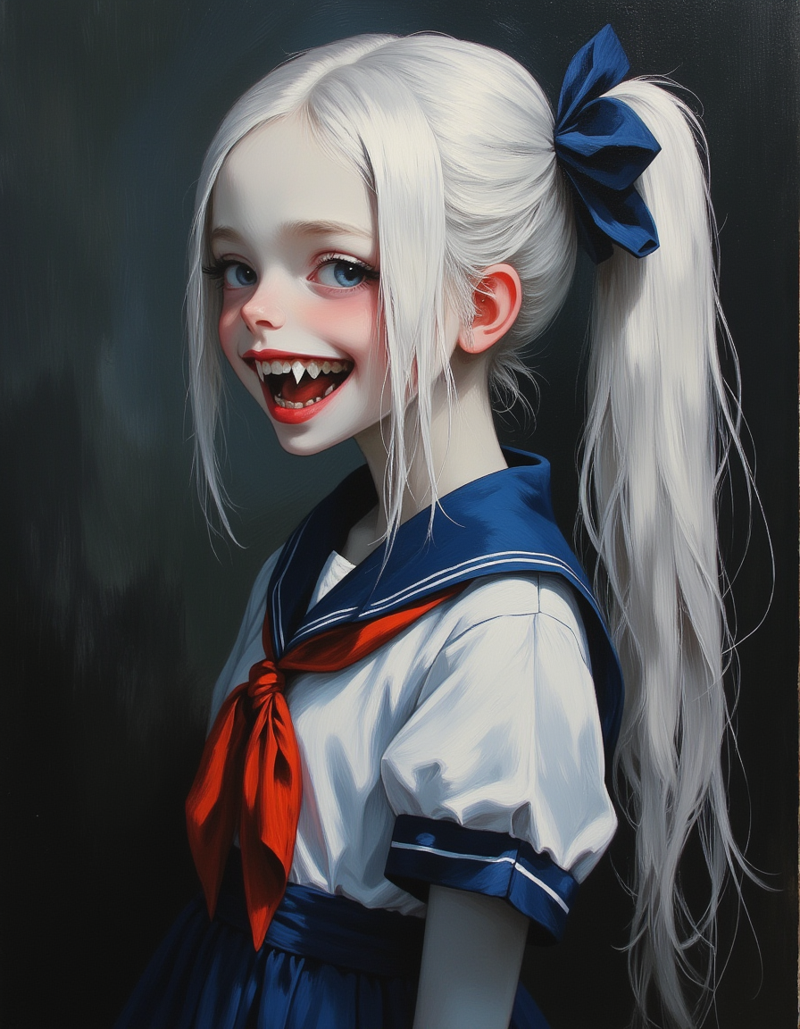 masterpiece, high quality, Oil Painting, Hyper-realistic, half body portrait of a young teen girl with a dramatic, gothic aesthetic. The subject's face is a pale, almost translucent white, with lips painted a vivid red. The lips are slightly parted, revealing sharp, gleaming white fangs. Her long white hair is in a long ponytail with a blue bow tied at the base of the ponytail. Enchanted blue eyes. She is wearing a classic Japanese sailor school girl uniform, complete with a navy blue pleated skirt, white blouse with blue trim, and a red neckerchief. Her body is skinny and petite. brush strokes, warm light, magic, extremely coherent, cute, beautiful, cinematic, stunning, creative, positive, cheerful, unique, cool, inspiring, pure, rational, very inspirational, friendly, thought, glowing, magical, perfect, intricate, wonderful, lovely, novuschroma, del1cate_balance style, in the style of Rembrandt. FS, vantablack <lora:style_of_Rembrandt_FLUX_135:.8> <lora:- Flux1 - vanta_black_V2.0:.8> <lora:Delicate_Balance:.3> <lora:neeeg_f1:-1> <lora:113_novuschromaFLX_1:.2> <lora:FluxF4ngs:.8>
