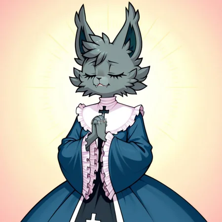 Alice(F), Solo, (1girl), semi-anthro, female furry, cat, cat girl, grey fur, fluffy fur, closed eyes, sharp claws, fangs,  dress, cross, frills, long sleeves, wide sleeves, praying hands