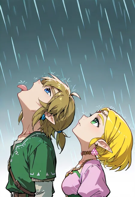 goku_and_vegeta_in_the_rain_(meme), tongue out, rain, open mouth,looking up, princess_zelda,link, 1girl, 1boy,