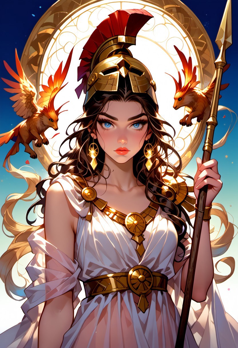 Stable_Yogis_PDXL_Positives, (score_9, score_8_up, score_7_up), ((zPDXL3)), ((zPDXLxxx)), ((Greek mythology style)), ((face focus, eye focus, dynamic angle, motion)), 1girl, solo, fantasy, (greek_athena, helmet ontop of head, brown hair, long hair, toga, armor, sandals), ((((sheer material, silk, semi-transparent clothes)))), (ancient greek clothes), (armor), (holding spear), lace, cape, breathless intimacy, tanned skin, petite model bombshell, heart, young, delicate features, narrow pointy nose, tiny nose, lust, big eyes, seductive eyes, blue eyes, detailed skin, flared lashes, mascara, makeup, perky huge breasts, athletic body, narrow waist, skinny hips, 
warm light, detailed, neon dark party
 BREAK
milky way, runes, arcane, astral, surreal, ethereal glow, masterpiece, best quality, intricate design. colorful, moonlit nightsky, stained glass aesthetic, moody whimsical color palette, murano glass, bold soldering lines, volumetric light shining through, crepuscular rays, intricate craftsmanship, detailed texture, luminous transparency, reflective light play, vivid hues, atmospheric depth, enchanting silhouette, art nouveau,