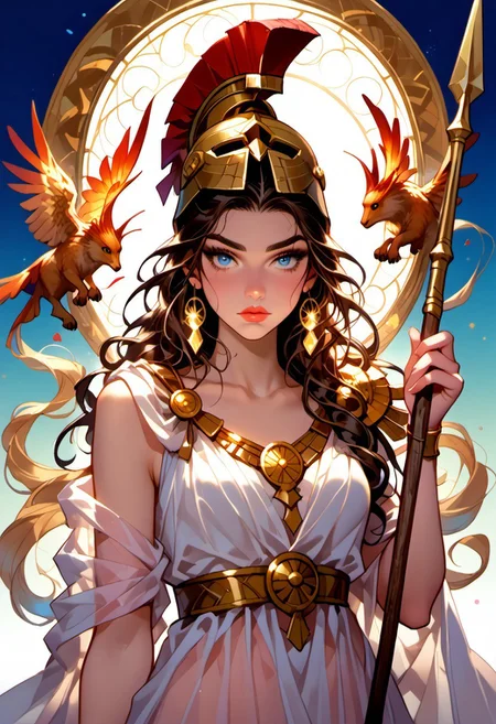 Stable_Yogis_PDXL_Positives, (score_9, score_8_up, score_7_up), ((zPDXL3)), ((zPDXLxxx)), ((Greek mythology style)), ((face focus, eye focus, dynamic angle, motion)), 1girl, solo, fantasy, (greek_athena, helmet ontop of head, brown hair, long hair, toga, armor, sandals), ((((sheer material, silk, semi-transparent clothes)))), (ancient greek clothes), (armor), (holding spear), lace, cape, breathless intimacy, tanned skin, petite model bombshell, heart, young, delicate features, narrow pointy nose, tiny nose, lust, big eyes, seductive eyes, blue eyes, detailed skin, flared lashes, mascara, makeup, perky huge breasts, athletic body, narrow waist, skinny hips,
warm light, detailed, neon dark party
BREAK
milky way, runes, arcane, astral, surreal, ethereal glow, masterpiece, best quality, intricate design. colorful, moonlit nightsky, stained glass aesthetic, moody whimsical color palette, murano glass, bold soldering lines, volumetric light shining through, crepuscular rays, intricate craftsmanship, detailed texture, luminous transparency, reflective light play, vivid hues, atmospheric depth, enchanting silhouette, art nouveau,