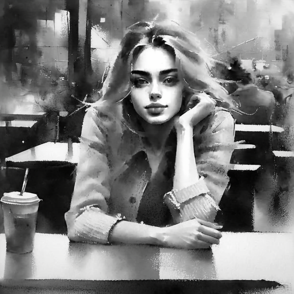 drawix22  beautiful girl in a cafe, very detailed<lora:drawix22:1>