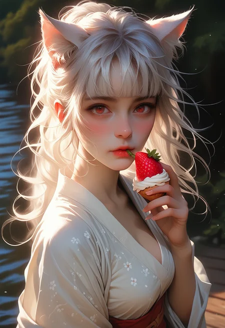 ASCII, photorealistic, OLED, score_9, score_8_up, score_7_up, score_6_up, 1girl, 30yo, red eyes, soft freckles, tanned skin, white hair, ponytail, strands of hair falling over the face, long hair, hime cut, cat ears, ((close up, standing)), medium breasts, curvy body, wide hips, jetty on the water, wooden floor, night, star sky , eating a strawberry,<lora:SnowFoxeij-000006:0.7>, looking to viewer, cute face, (wearing a kimono dress), cat tail