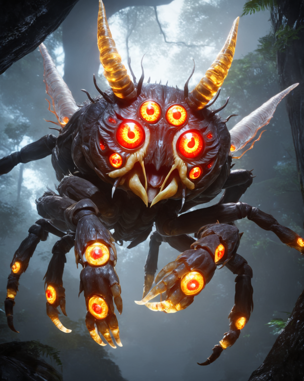 animal,more eyes,arthropod limbs,golden glowing horns,red glowing eyes,flying,3 eyes,demon,yokai,realistic,epic,cinematic,masterpiece,best quality,16k,trending on artstation, <lora:niohxl-step00000300:1> in the style of niohxl