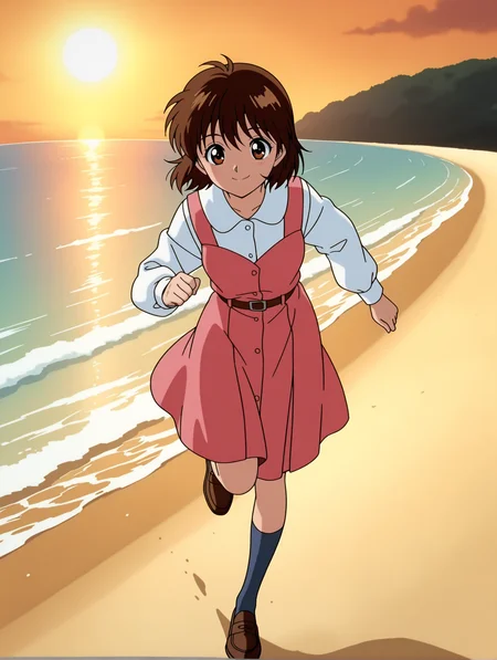 masterpiece,best quality,newest,
1girl,solo,
anime screencap,<lora:yukimura_keiko_ilxl_v1.1:1>,y_keiko,brown eyes,bangs,brown hair,short hair,
long_sleeves,socks,loafers,
<lora:Fixhands_anime_bdsqlsz_V1:1>,ocean,sand beach,sun,portrait,front view,lens_flare,fisheye,smile,standing,running,white shirt,pink dress,sneakers,brown footwear,