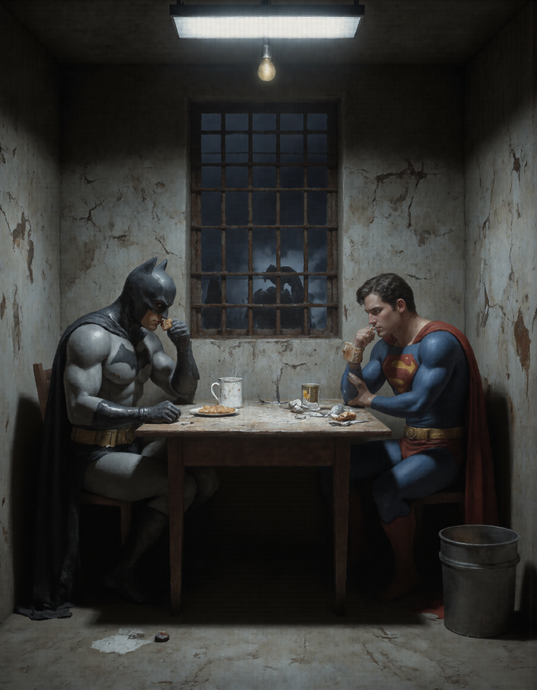 A comically exaggerated digital painting in a semi-realistic style, depicting Batman and Superman sitting at a small, rickety wooden table inside a dark, dingy prison cell. The room is dimly lit by a single flickering fluorescent lightbulb hanging from the ceiling, casting dramatic shadows on the cracked concrete walls. The atmosphere is grimy yet absurdly lighthearted, with peeling paint, rusted bars on the window, and a faint layer of grime covering every surface., Batman, still wearing his iconic black-and-gray suit with a cape that looks slightly tattered, sits slouched in his chair. His cowl is pulled up, but he looks unusually relaxedâalmost defeatedâas he sips chifir (a strong Russian tea) from a chipped enamel mug. A small plate of rock-hard rusks (sushki) sits between him and Superman., Superman, dressed in his classic blue-and-red suit with the red cape, looks equally out of place. He has rolled up his sleeves for comfort and appears to be tryingâand failingâto bite into one of the rock-solid rusks. His expression is a mix of frustration and disbelief, while Batman smirks knowingly beside him., On the table are scattered items hinting at their situation: an empty sugar packet, a spoon bent from Superman's attempt to crush the rusk, and a crumpled pack of cigarettes nearby. In the corner of the cell, thereâs a bucket that clearly doubles as both a sink and a toilet, adding to the absurdity of the scenario., Through the barred window, a tiny glimpse of a gloomy night sky can be seen, with the Bat-Signal faintly visible in the distanceâa cruel reminder of how far theyâve fallen. Despite the bleak setting, the mood is hilariously ironic, emphasizing the contrast between their superhero personas and this mundane, low-key predicament., Style: Semi-realistic with exaggerated expressions and comedic details. Think 'superhero meets Soviet-era prison humor.' Lighting is moody and atmospheric, highlighting the gritty textures of the prison cell while keeping the focus on the unlikely duo and their awkward tea party, <lora:Dark_Fantasy_Pulp_Pinup:0.7>, <lora:test:0.7>