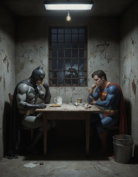 A comically exaggerated digital painting in a semi-realistic style, depicting Batman and Superman sitting at a small, rickety wooden table inside a dark, dingy prison cell. The room is dimly lit by a single flickering fluorescent lightbulb hanging from the ceiling, casting dramatic shadows on the cracked concrete walls. The atmosphere is grimy yet absurdly lighthearted, with peeling paint, rusted bars on the window, and a faint layer of grime covering every surface., Batman, still wearing his iconic black-and-gray suit with a cape that looks slightly tattered, sits slouched in his chair. His cowl is pulled up, but he looks unusually relaxedâalmost defeatedâas he sips chifir (a strong Russian tea) from a chipped enamel mug. A small plate of rock-hard rusks (sushki) sits between him and Superman., Superman, dressed in his classic blue-and-red suit with the red cape, looks equally out of place. He has rolled up his sleeves for comfort and appears to be tryingâand failingâto bite into one of the rock-solid rusks. His expression is a mix of frustration and disbelief, while Batman smirks knowingly beside him., On the table are scattered items hinting at their situation: an empty sugar packet, a spoon bent from Superman's attempt to crush the rusk, and a crumpled pack of cigarettes nearby. In the corner of the cell, thereâs a bucket that clearly doubles as both a sink and a toilet, adding to the absurdity of the scenario., Through the barred window, a tiny glimpse of a gloomy night sky can be seen, with the Bat-Signal faintly visible in the distanceâa cruel reminder of how far theyâve fallen. Despite the bleak setting, the mood is hilariously ironic, emphasizing the contrast between their superhero personas and this mundane, low-key predicament., Style: Semi-realistic with exaggerated expressions and comedic details. Think 'superhero meets Soviet-era prison humor.' Lighting is moody and atmospheric, highlighting the gritty textures of the prison cell while keeping the focus on the unlikely duo and their awkward tea party, <lora:Dark_Fantasy_Pulp_Pinup:0.7>, <lora:test:0.7>