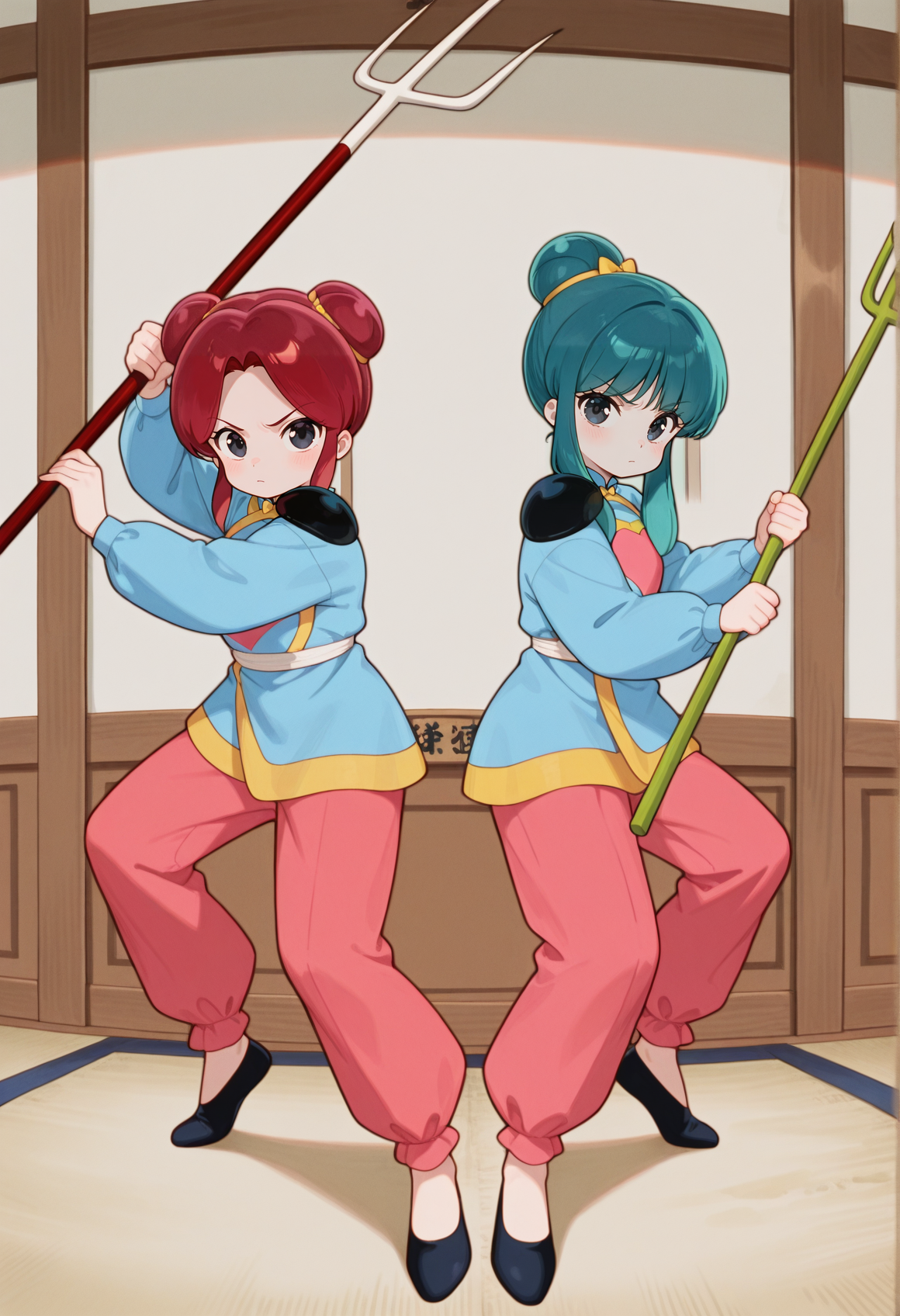 2girls, sisters, indoors, fighting stance, 1girl, aqua hair, blue eyes, single hair bun, long sidelocks, chinese clothes, heart print, shoulder pad, blue shirt, pink pants, holding trident, looking at viewer, 
BREAK
2girls, sisters, indoors, fighting stance, 1girl, red hair, black eyes, double bun, sidelocks, hinese clothes, heart print, shoulder pad, blue shirt, pink pants, holding staff, bo staff, looking at viewer,   <lora:twins_ranma:1>, masterpiece, best quality, amazing quality, very aesthetic, absurdres, highres, newest