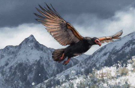 Sharp image of a rough sketch, rendered in vibrant multi colour ballpoint pen, capturing the adorable features of a digital illustration of a vulture in flight. The vulture is in the center of the image, with its wings spread wide and its head turned towards the right side of the frame. Its body is black and white, with a red beak and talons. The background is a mountainous landscape with snow-capped peaks. The sky is dark and cloudy, and the overall mood of the illustration is dramatic and powerful.  p3nsk, <lora:p3nsk:1>