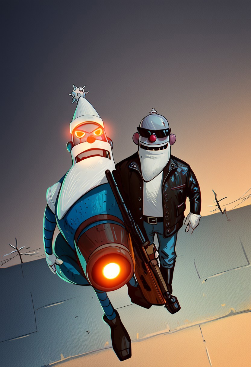 score_9, score_8_up, score_7_up, score_6_up, source_cartoon, High-Res, High Quality, (masterpiece, best quality, highly detailed), crisp image, clear image, high detail, very close up, cinematic, dynamic angle, r0b0t_s4nta_c1aus, Terminator style, 1boy, robot santa claus, black leather jacket, blue jeans, biker boots, white t-shirt, black sunglasses, one red glowing eye, holding an M16 Rifle series
