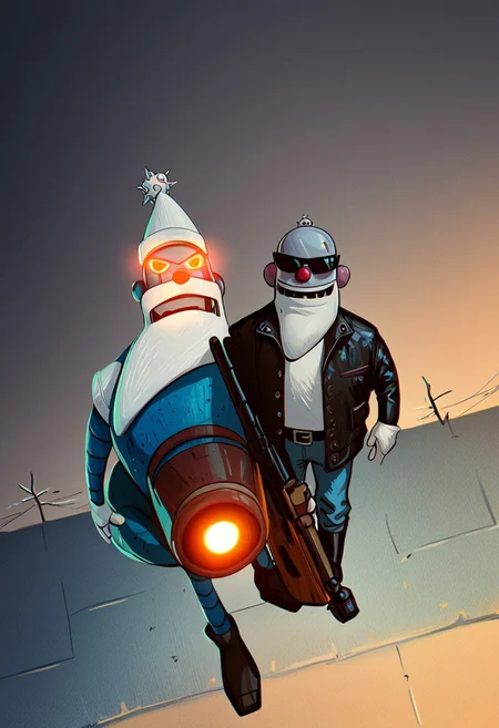 score_9, score_8_up, score_7_up, score_6_up, source_cartoon, High-Res, High Quality, (masterpiece, best quality, highly detailed), crisp image, clear image, high detail, very close up, cinematic, dynamic angle, r0b0t_s4nta_c1aus, Terminator style, 1boy, robot santa claus, black leather jacket, blue jeans, biker boots, white t-shirt, black sunglasses, one red glowing eye, holding an M16 Rifle series