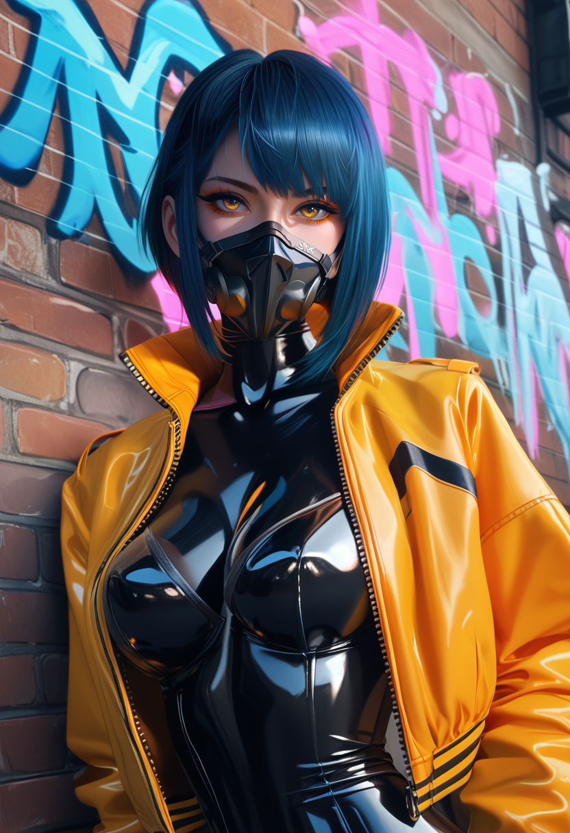 score_9, score_8_up, score_7_up, score_6_up, 
1girl, sk997cos_bodysuit, sk01 jacket, sk04 mask, yellow jacket, 
blue hair,
short hair ,
  perfect eyes,
close up, portrait, large breasts, against wall, brick wall, graffiti, dim lighting, alley, looking at viewer
seductive smile, 
cyberpunk city,neon lights, photorealistic, realistic,
 <lora:997sk cosplay PonyV3:0.8>