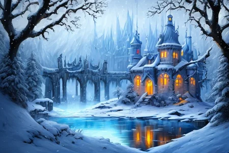 (masterpiece:1.2), (best quality,:1.2), 8k, HDR, ultra detailed, ((photorealistic)), professional light, cinematic lighting, fashion photography, ambient lighting, <lora:detail_slider_v4:2>, Ice, <lora:RealmsOfIce:1>, a sinister castle in a magical lake, snowy landscape, dark forest in the background, epiCPhoto