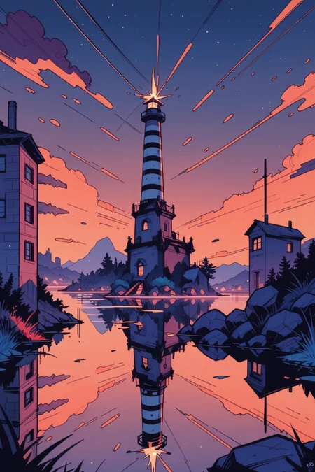 scenery, no humans, outdoors, water, sky, night, lighthouse, rock, reflection, building, river, tower, night sky, a_Comic_Illustration, rough lines with ink, (drawn:1.1), (sketch:1.5), (crosshatching:1.25), (comic style:1.1), graphic novel style, sharp lines, hires, zstyle, (western comics \(style\):1.1), (hatching \(texture\):1.2), zPDXL, Mr_Monster_Possitive, <lora:Expressive_H:0.5>, score_9, score_8_up, score_8_up,