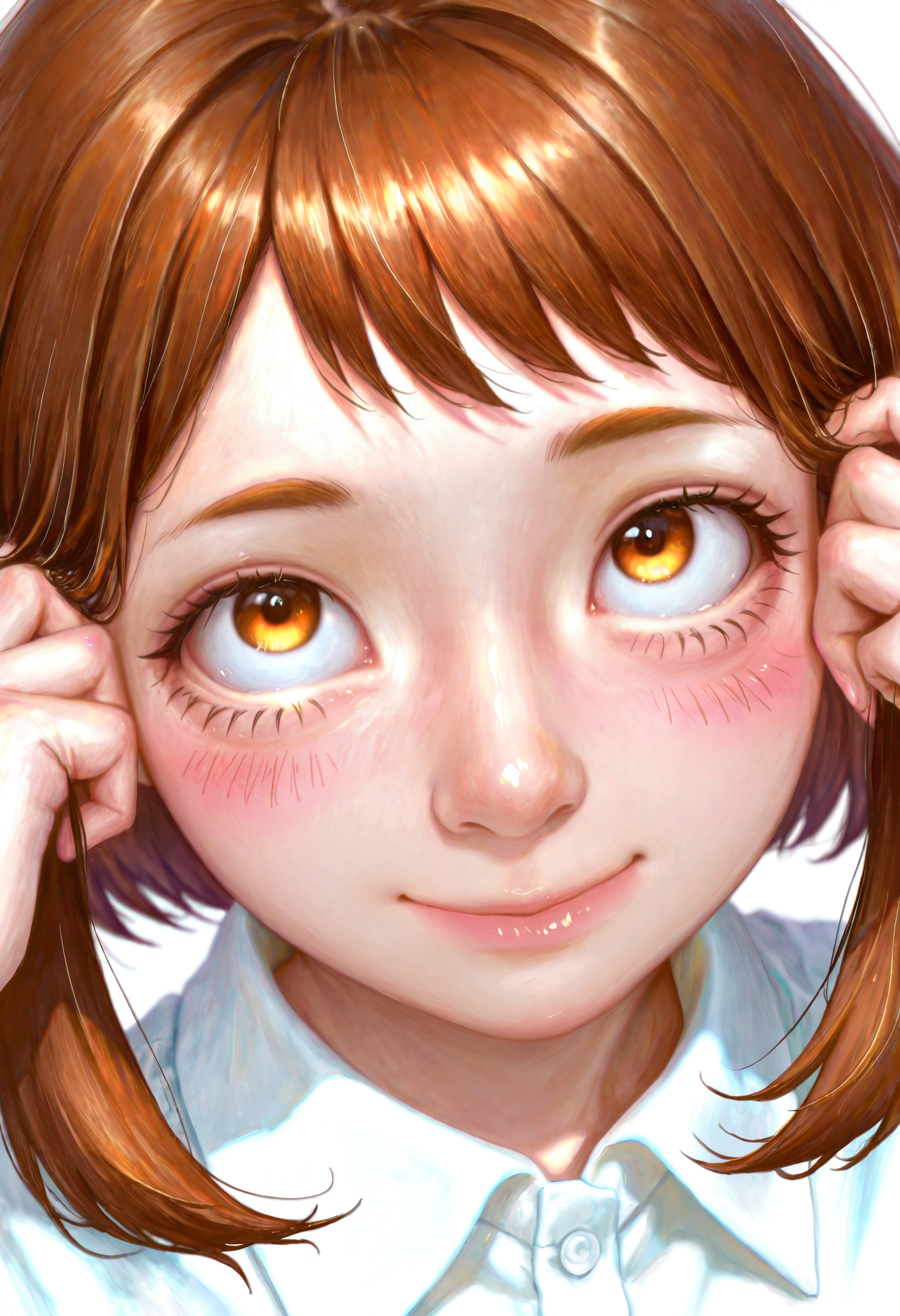 <lora:5p257uY55m95pyI5YWJ-illustriousXL_v01_V4-CAME-000035>, 5p2/57, realistic, uraraka ochako, 1girl, solo, smile, brown hair, brown eyes, white background, shirt, simple background, looking at viewer, white shirt, hands in hair, collared shirt, blush, closed mouth, short hair, portrait, medium hair, upturned eyes, adjusting hair