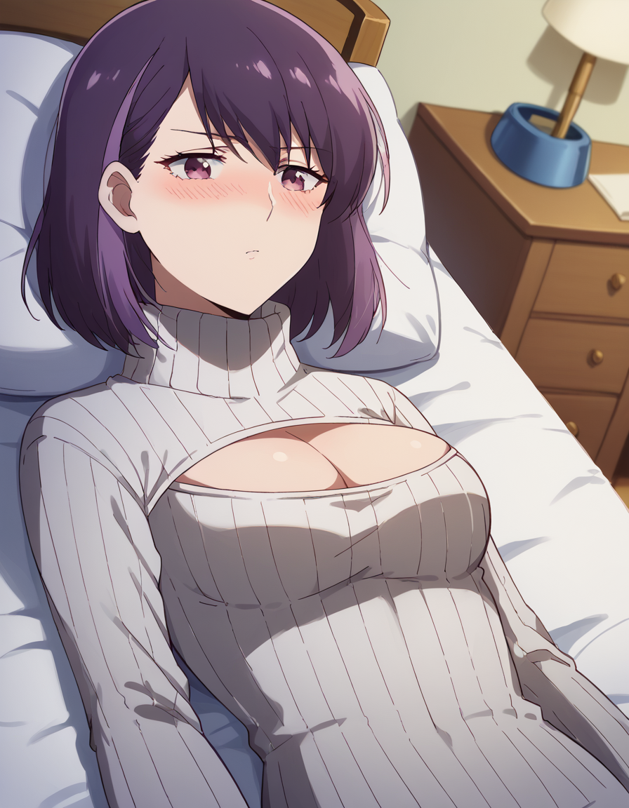 score_9, score_8_up, score_7_up, source_anime, <lora:rika-honjouji-alpha-ponyxl-lora-nochekaiser:1>, rika honjouji, short hair, bangs, purple hair, purple eyes, streaked hair, medium breasts,, <lora:open-chest-sweater-ponyxl-lora-nochekaiser:1>, open-chest sweater, ribbed sweater, cleavage cutout, meme attire, clothing cutout, turtleneck, sweater dress, cleavage, clothes tug, sweater pull, cleavage reach,, indoors, bed, bed room, blush, on bed, on back, , cowboy shot, dutch angle,