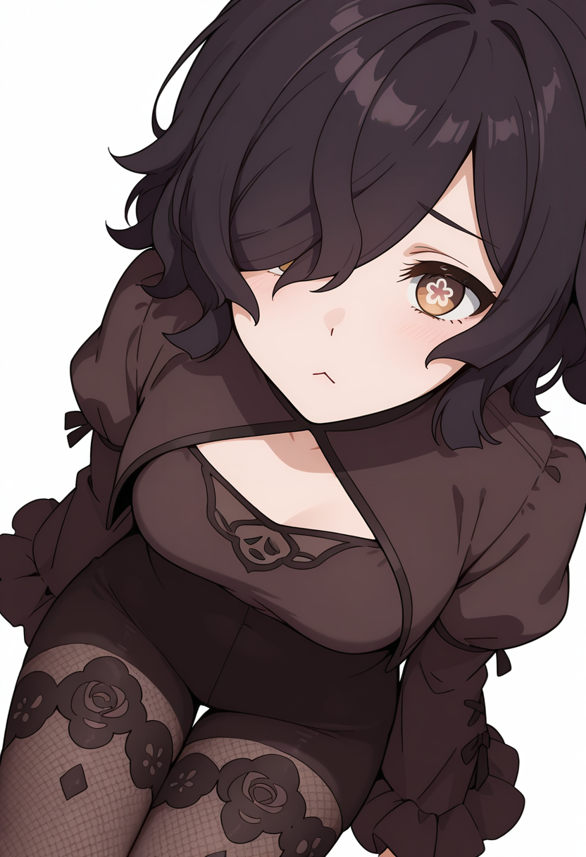 Smooth Quality,masterpiece,very intricate, high quality details, high detailed skin,detailed enviorement,absurdres, 
simple background, white background,from above,
 :<,solo,
Kiclacnn, 1girl, black hair, brown eyes, symbol-shaped pupils, short hair, hair over one eye, 
 <lora:Kiclacnn:0.7>
lantern sleeve blouse,  ,cropped jacket, ,lace leggings,  ,