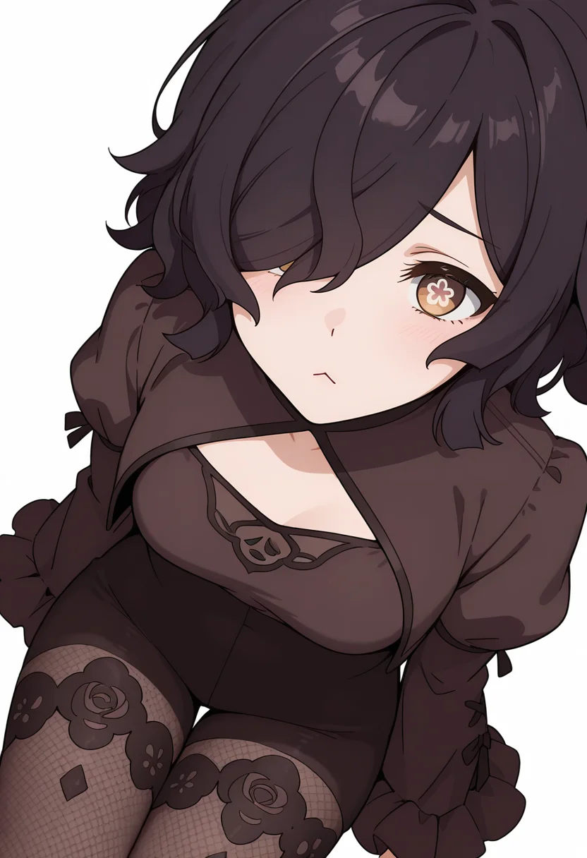 Smooth Quality,masterpiece,very intricate, high quality details, high detailed skin,detailed enviorement,absurdres, 
simple background, white background,from above,
 :<,solo,
Kiclacnn, 1girl, black hair, brown eyes, symbol-shaped pupils, short hair, hair over one eye, 
 <lora:Kiclacnn:0.7>
lantern sleeve blouse,  ,cropped jacket, ,lace leggings,  ,