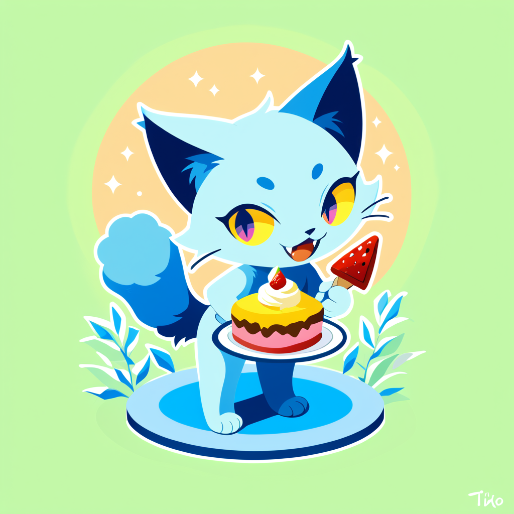 ((2dstyle, flat color)),  score_9, score_8,((no shading,lineless ,flat color)), cat, 1boy, (((anthro, full body, good anatomy))), cute, green outlines, light blue fur, yellow sclera, smile, :3, open mouth, cartoony, fangs, colorful stars, blue abstract background, standing, tail, cartoony face, looking at viewer, cake, ice cream, colorful, colorful background, (((sfw)))