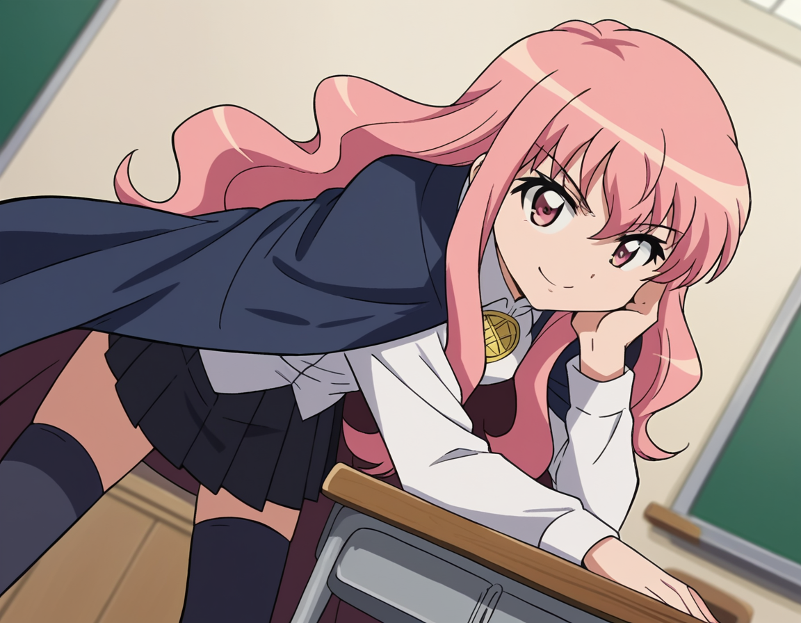 score_9, score_8_up, score_7_up, source_anime,
louisefrancoiseleblancdelavalliere, <lora:louise-francoise-le-blanc-de-la-valliere-s3-ponyxl-lora-nochekaiser:1>,
louise francoise le blanc de la valliere, long hair, pink hair, pink eyes, sidelocks,
skirt, thighhighs, cape, zettai ryouiki, long sleeves, shirt, white shirt, collared shirt, black skirt, pleated skirt,
indoors, classroom, bent over, smile,
looking at viewer, cowboy shot, solo, dutch angle