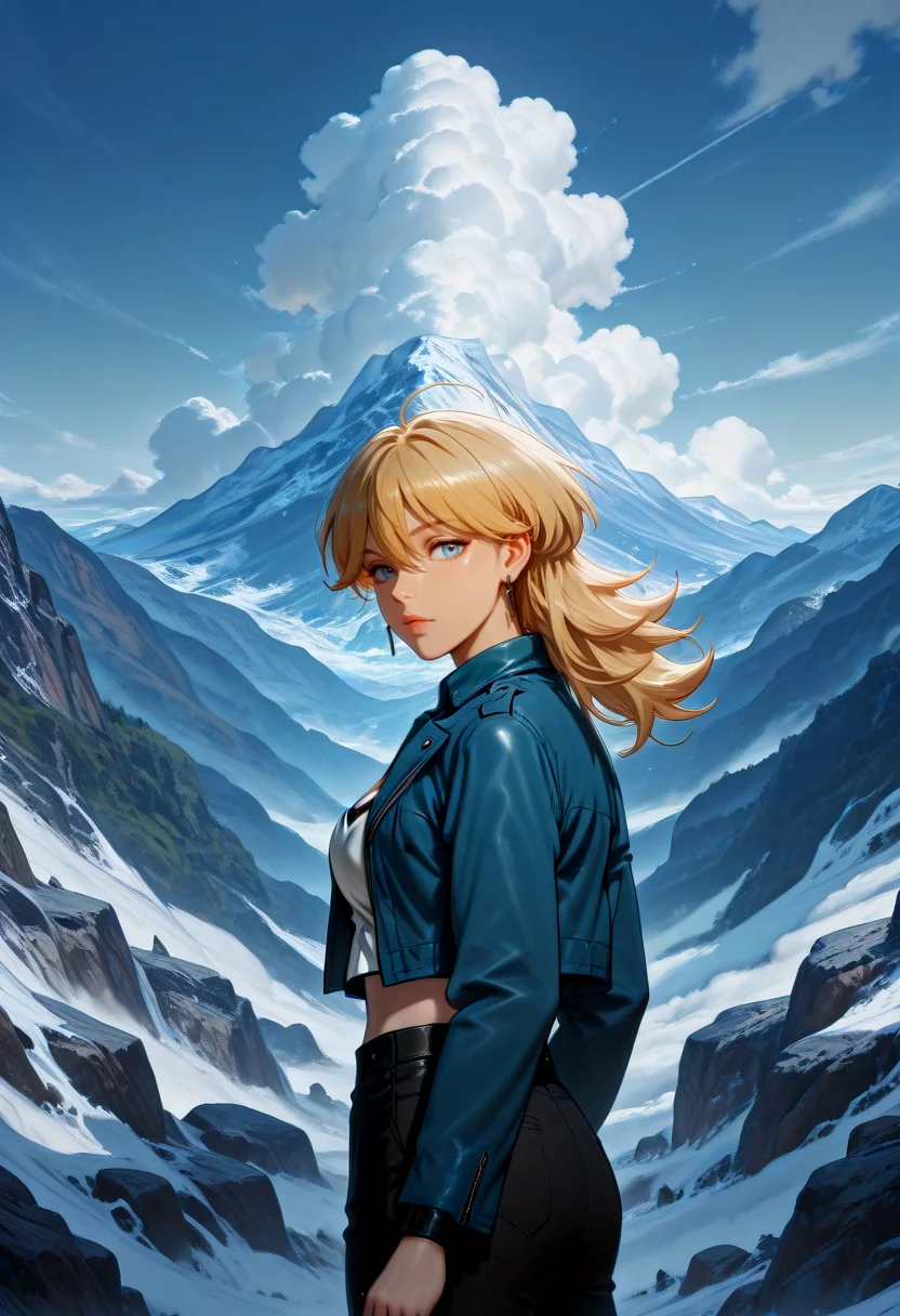 workoutfit1, 1girl, long blonde hair, bangs, messy hair, blue eyes, medium breast, cleavage | blue jacket, cropped jacket, short jacket, collared jacket, long sleeves, pink trim | white light-colored vest, sleeveless vest, buttoned vest, black bra (visible under vest), tube top (visible under vest), midriff (visible) | black long pants, ripped knees, torn pants,
<lora:Christine_Lazarus _IL:1>
(Character), score_9, score_8_up, score_7_up, source anime, BREAK, cowboy shot, (from side), looking back, looking at viewer, overlooking mountain, high altitude, scenery, exterior, background, (solo), perfect hands, <lora:iLLMythG0thicL1nes:1>.