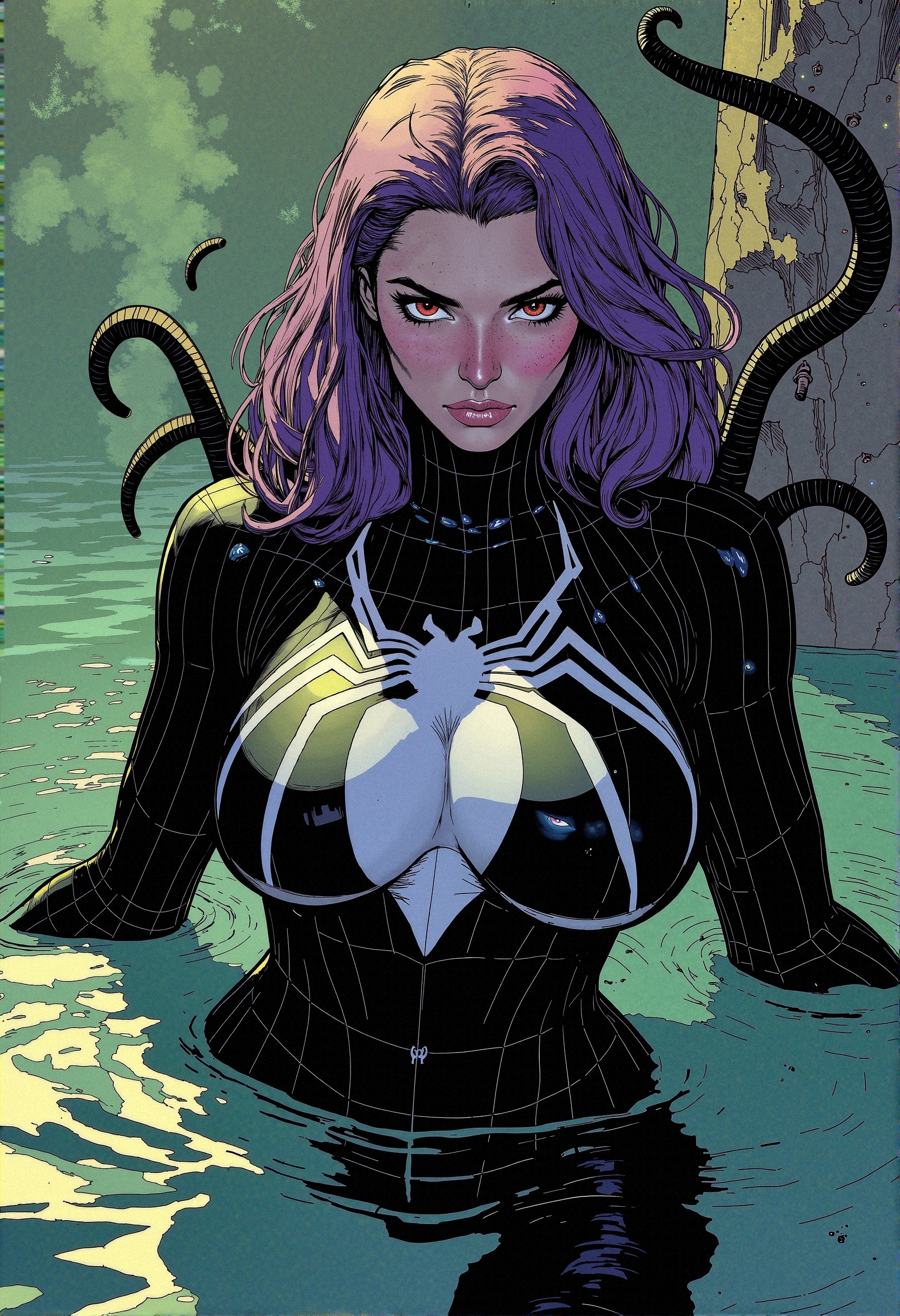 anatomically correct, Comic book illustration, curvy figure, safe-for-work
A detailed hyperrealistic depiction of a female character wearing a black symbiotic suit that appears liquid-like and alive, with tendrils erupting from her body in chaotic motion. Her piercing crimson eyes and violet hair cascade down her shoulders, contrasting sharply with her glossy black suit. The suit features intricate web-like patterns and a vivid white spider emblem, reflecting the pale light of an alien twilight. Surrounding her is a swampy, liquid environment, with shimmering ripples of light and shadow playing on the water’s surface. The ambiance is eerie yet captivating, with hints of subtle fog and swirling mist in the background.
 <lora:Comic_Style_-_FLUX:0.75> <lora:bustyFC-2.1:0.4>