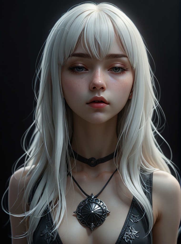 3D rendering, hyper-realistic, full body girl with long white hair and bangs, (Anna Dittmann, Ilya Kuvshinov), a large obsidian medallion, lowered head, closed eyes, backlighting, shadows, very high contrast, overhead light, dark background, manga style