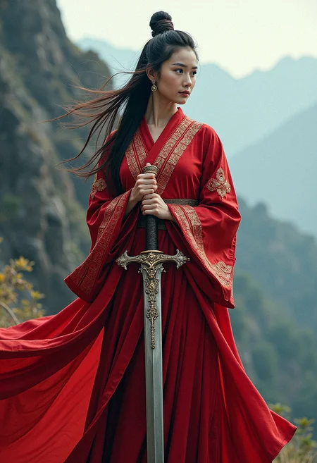 a reflective female warrior in traditional red robes with intricate golden motives, holding an ornate sword with both hands, standing still in deep contemplation, her robes gently draping around her, ultra-detailed fabric textures, photorealistic skin tones, dynamic lighting, high-definition rendering, vibrant red tones, intricate sword details, flowing hair, serene mountain setting, cinematic composition, introspective and calm expression, detailed environment, subtle wind effects, atmospheric depth