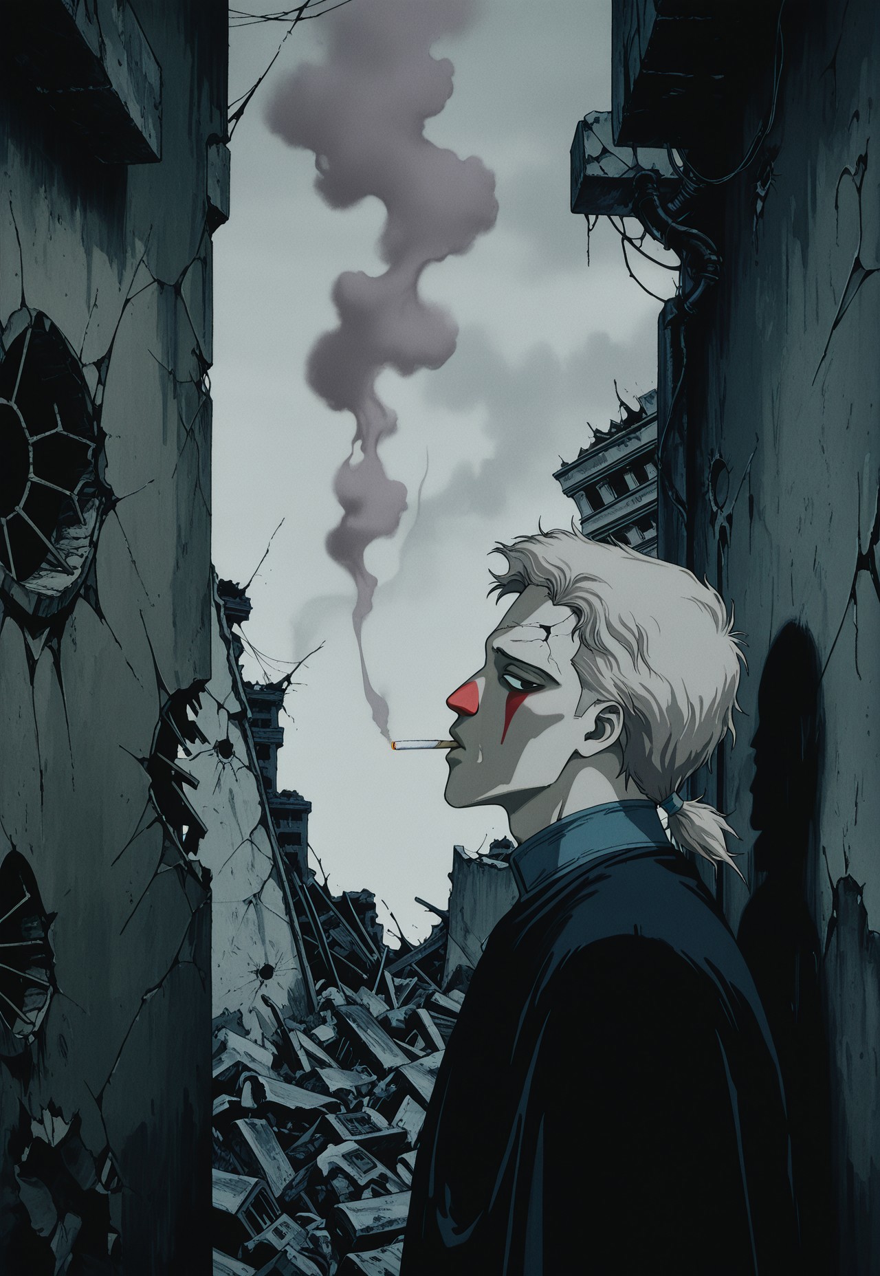 clown makeup, solo, 1boy, b0y, male focus, profile, sideways glance, cigarette, smoking, smoke, detailed background, ruins, cracked wall, stare, squinting, masterpiece, best quality, absurdres