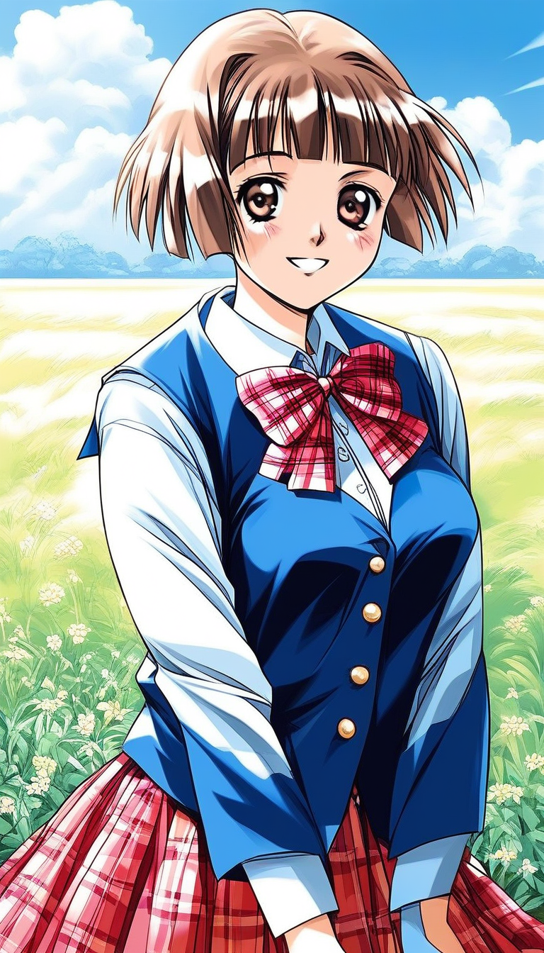 score_9, score_8_up, score_7_up, source_anime, rating_explicit, BREAK <lora:Tsuzuki_Kozue_XL:1>Tsuzuki_Kozue, brown hair, short hair, brown eyes, blunt bangs, medium breasts,
1girl, solo, skirt, plaid, long sleeves, 1990s (style), smile, plaid skirt, bow, 
school uniform, blue vest, looking at viewer, Yellow long sleeve,
pleated skirt,  bowtie, shirt, red skirt, v arms,
 plaid bow, bob cut, plaid bowtie, cowboy shot,
grass, sky,