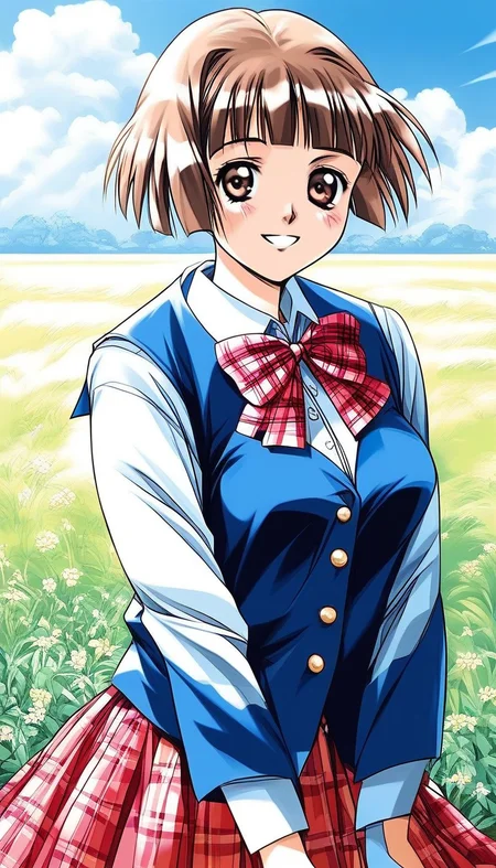 score_9, score_8_up, score_7_up, source_anime, rating_explicit, BREAK <lora:Tsuzuki_Kozue_XL:1>Tsuzuki_Kozue, brown hair, short hair, brown eyes, blunt bangs, medium breasts,
1girl, solo, skirt, plaid, long sleeves, 1990s (style), smile, plaid skirt, bow, 
school uniform, blue vest, looking at viewer, Yellow long sleeve,
pleated skirt,  bowtie, shirt, red skirt, v arms,
 plaid bow, bob cut, plaid bowtie, cowboy shot,
grass, sky,