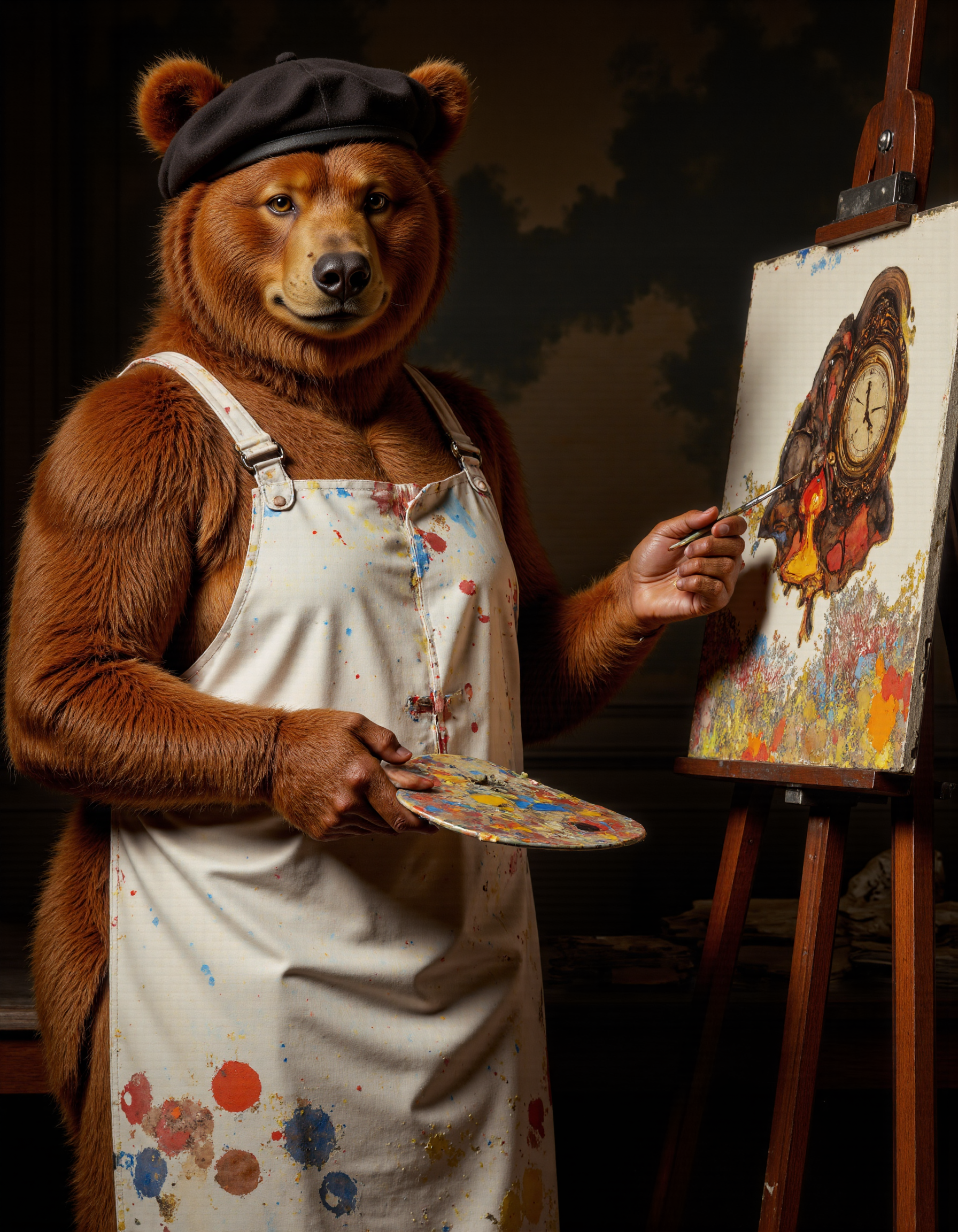 full body shot of Rembrandt style <lora:antr:1>, A comical, anthropomorphic bear dressed as an artist in a whimsical art studio. The bear is wearing a beret tilted to one side and a paint-splattered smock. It has a palette in one hand and a paintbrush in the other, with exaggerated artistic flair. The background features an easel with a half-painted canvas showing a funny or absurd scene (like a melting clock or a banana peel). The bear's expression is overly dramatic, like itâs deeply inspired or confused by its own work. Cartoonish, vibrant colors, playful lighting, and slight messiness around the workspace add to the humor. . Baroque, chiaroscuro, realistic, emotional, "flat lighting. Whole outfit, clear, sharp, balanced