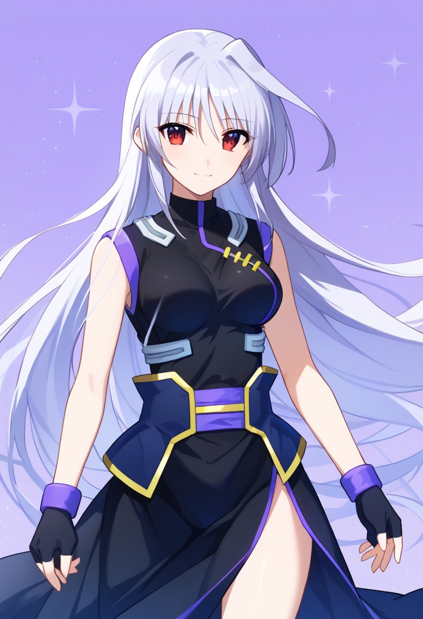 score_9, score_8_up, score_7_up, source_anime, solo, 1girl, Reinforce, long hair, white hair, single hair intake, red eye, long dress, black dress with purple trim, side slit, black gloves with purple trim, fingerless gloves, black corset with gold trim, sleeveless dress, bare shoulders, standing, smiling