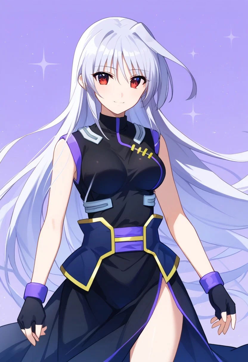 score_9, score_8_up, score_7_up, source_anime, solo, 1girl, Reinforce, long hair, white hair, single hair intake, red eye, long dress, black dress with purple trim, side slit, black gloves with purple trim, fingerless gloves, black corset with gold trim, sleeveless dress, bare shoulders, standing, smiling