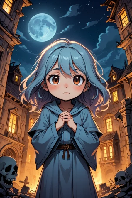 ghost girl,
hair covering her eyes, haunted house background,
in front of ruined hosptial,
night time
celestial, cute, adorable, whimsical,
2D comic illustration,
anime fantasy,
fine-inked Thick-outlines,
cel-shaded,
contour,
mysterious,
Dark,
by disney, pixar,
Town of Salem 2,
darkest dungeon, chibi, Emote Chibi, chibi style
