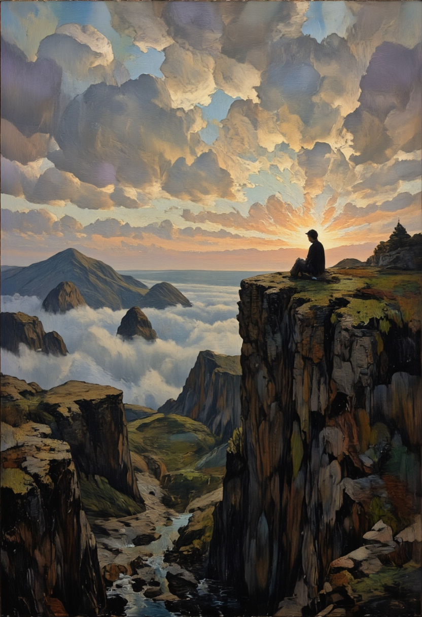 A lone figure sitting on a cliff, watching the sun dip below a cloudy horizon, Solitude in Nature, in memadukan_painter art style, <lora:Memadukan_Brush_Strokes_of_Fineart-000006:1.0>